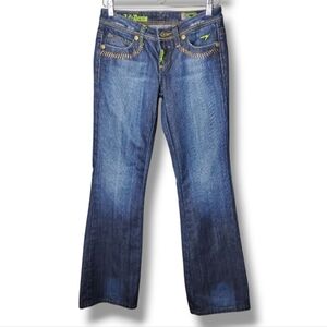 Azzure Y2K Bootcut Jeans Size 26 Low Rise Dark Wash Neon Stitching Vintage 2000s